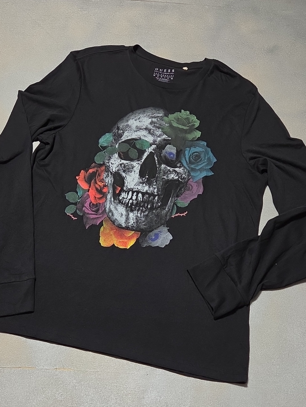 GUESS Black Long-Sleeve Skull Tee with Multicolor Rose Graphic